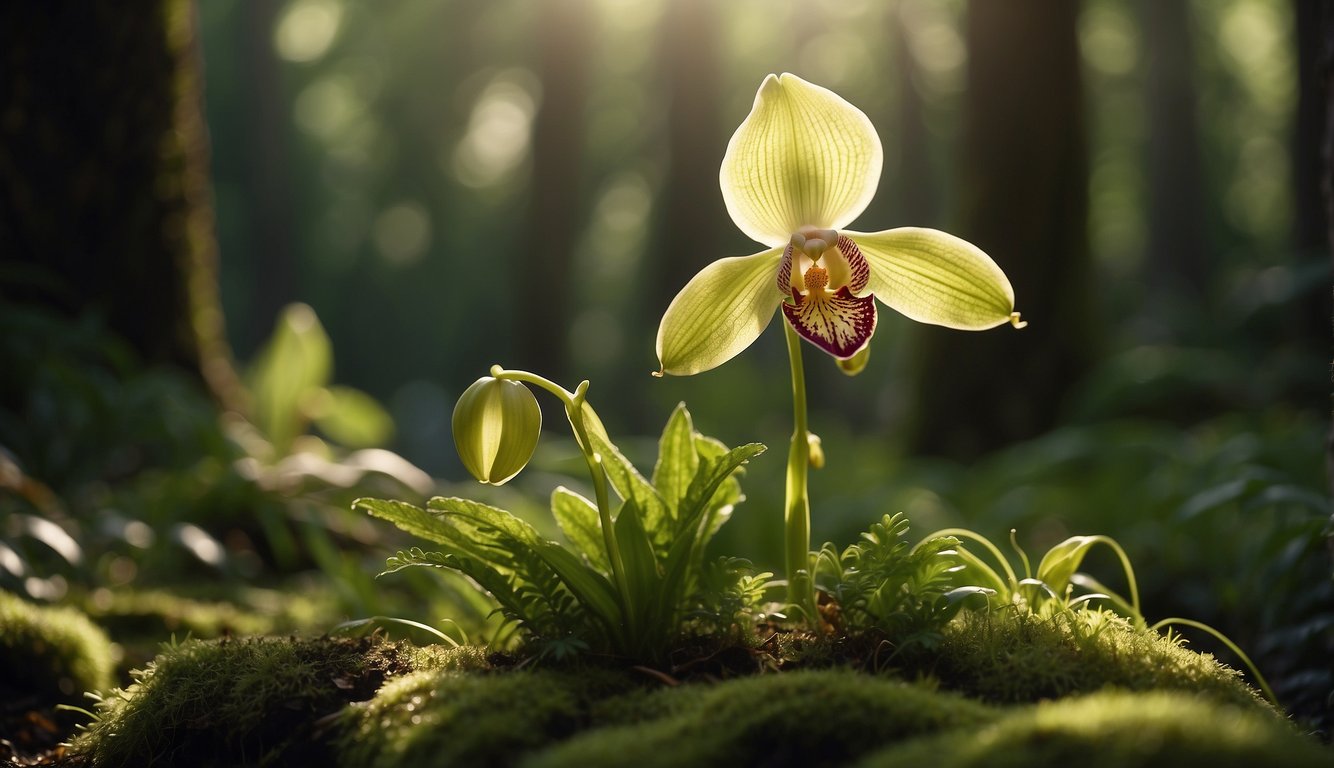 A lady slipper orchid sits on a mossy forest floor, surrounded by dappled sunlight and ferns.

A gardener gently waters the plant, tending to its delicate blooms