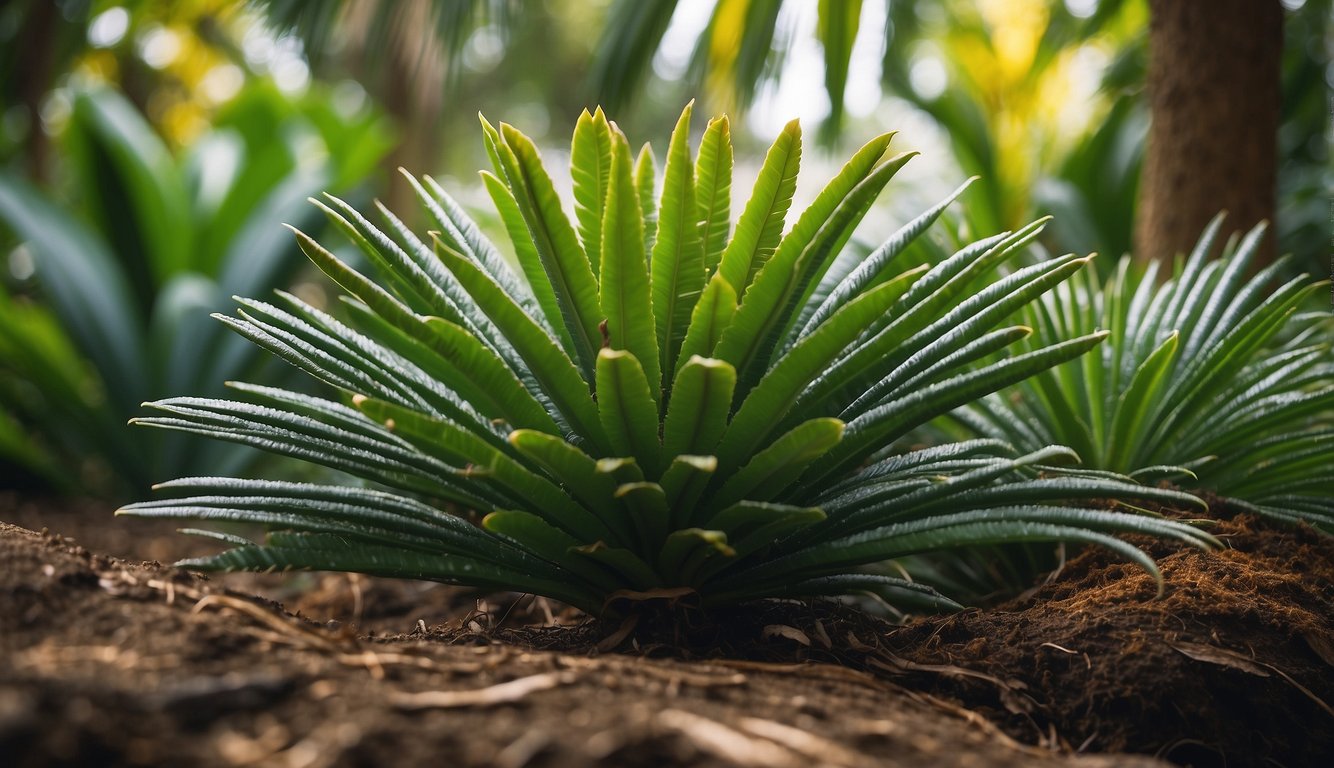 Lush green cycad leaves unfurling from a sturdy, ancient trunk, surrounded by vibrant modern garden plants