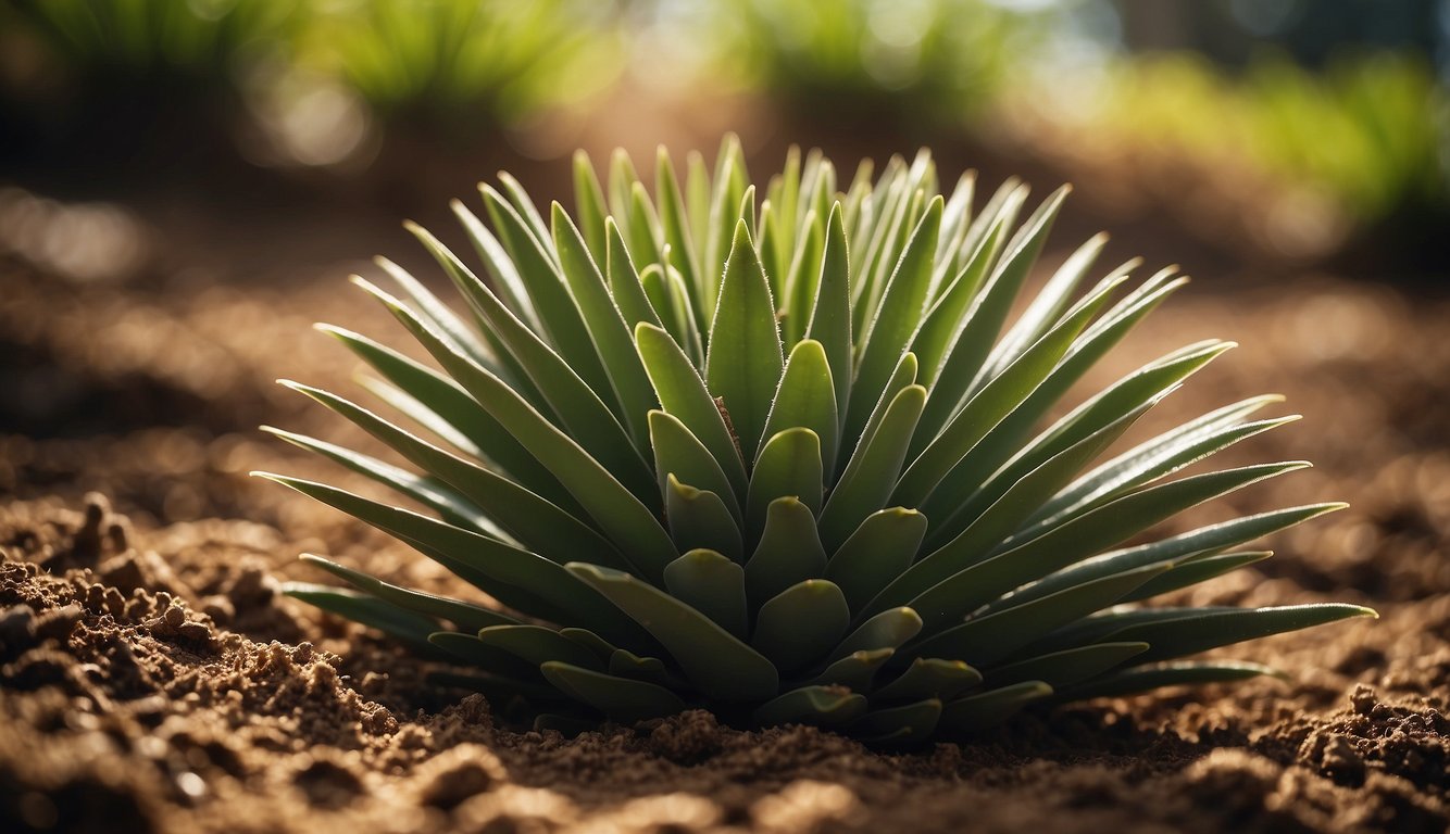 Lush green cycad leaves unfurling from a soft brown cone, surrounded by rich soil and gentle sunlight