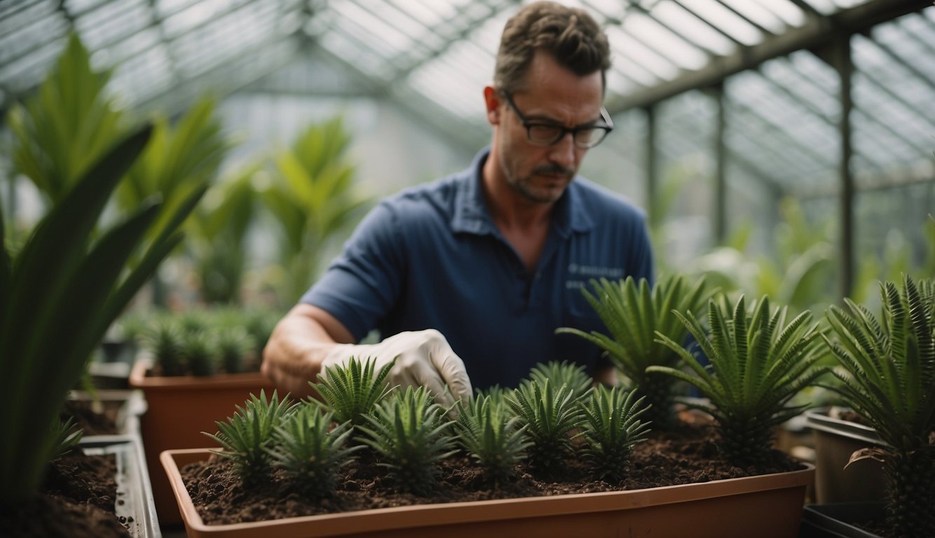 A cycad propagator carefully removes seeds from a mature plant, then plants them in a well-draining soil mixture in a shaded greenhouse