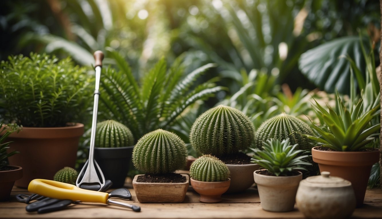 A lush garden with ancient cycads surrounded by modern garden tools and a sign reading "Cycads Propagation: Ancient Plants in the Modern Garden."