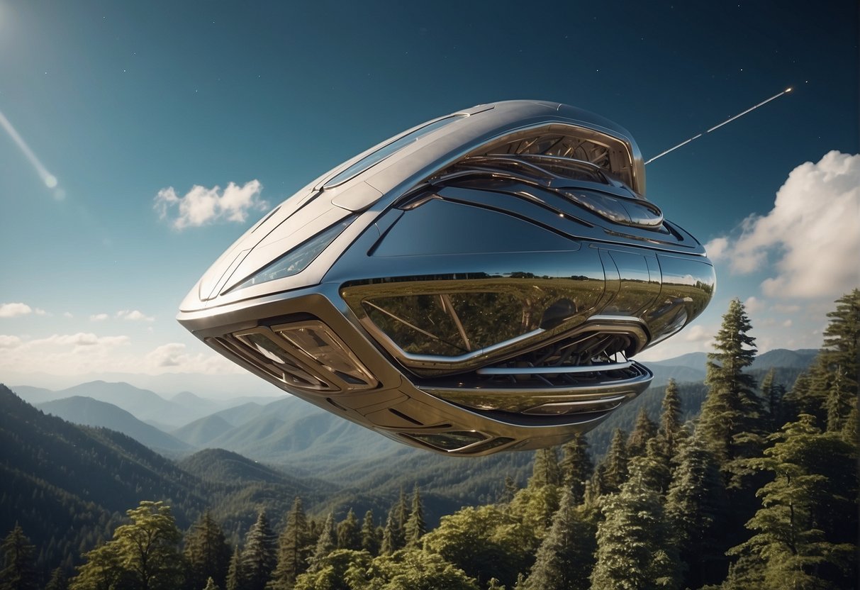 A spacecraft surrounded by nature-inspired designs, such as streamlined shapes and biomimetic materials, to improve efficiency