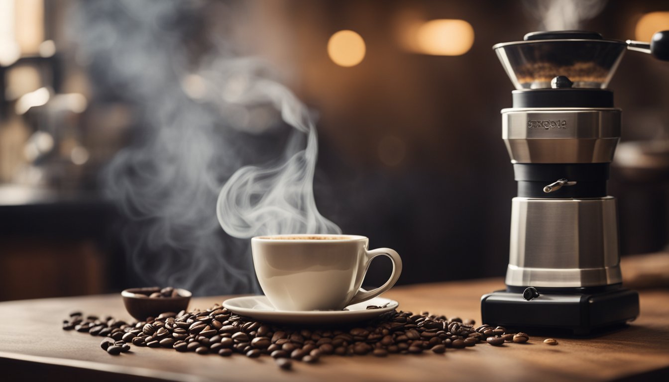 A steaming cup of coffee sits on a table, surrounded by scattered coffee beans and a coffee grinder. The aroma of caffeine fills the air