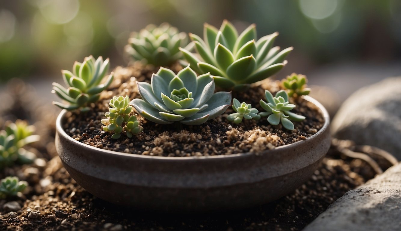 A small pot with succulent stems dangling over the edge, surrounded by scattered perlite and a pair of pruning shears