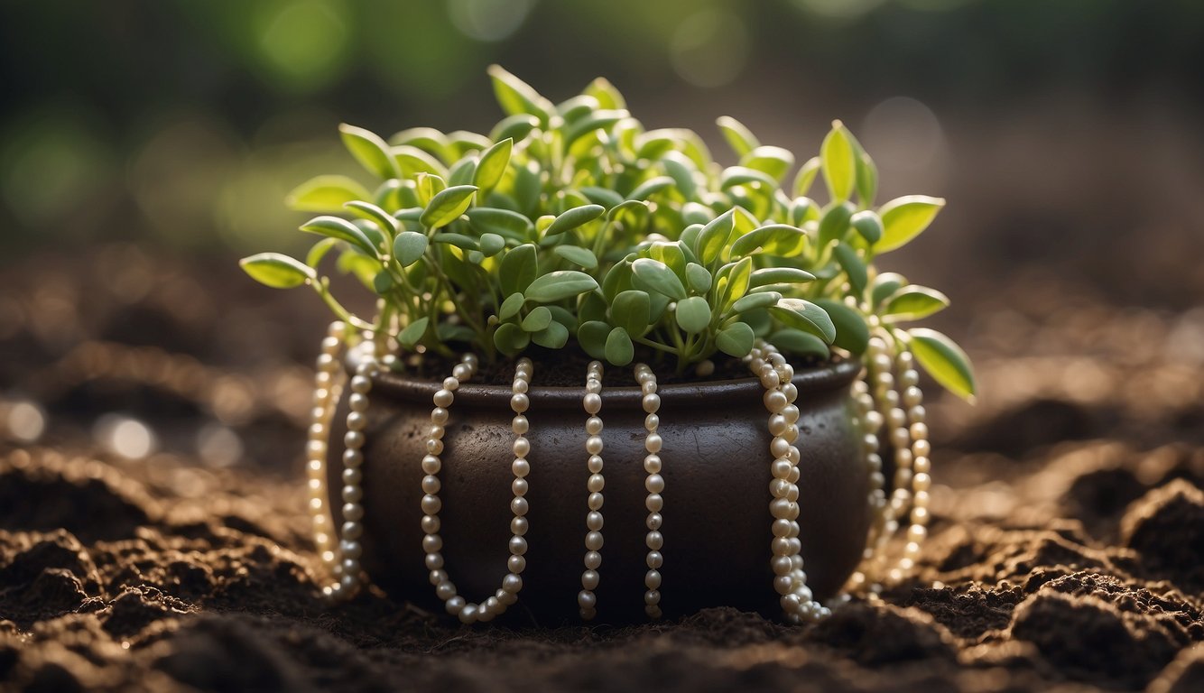 A small pot with multiple strings of pearls hanging down, each with tiny roots emerging from the nodes, surrounded by a few fallen pearls on the soil