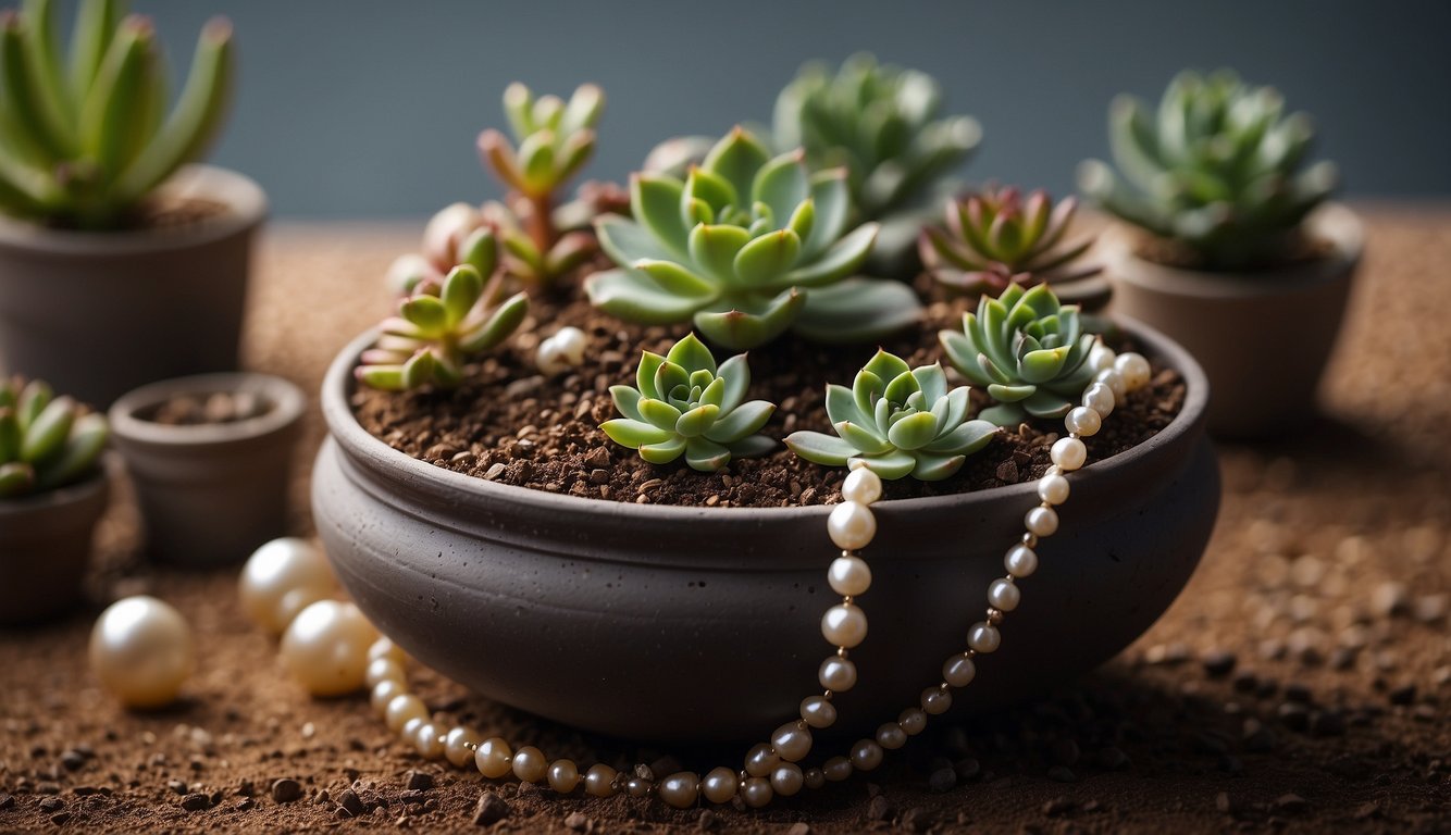 A small pot filled with succulent soil, with a healthy string of pearls plant and a few scattered pearls lying on the soil
