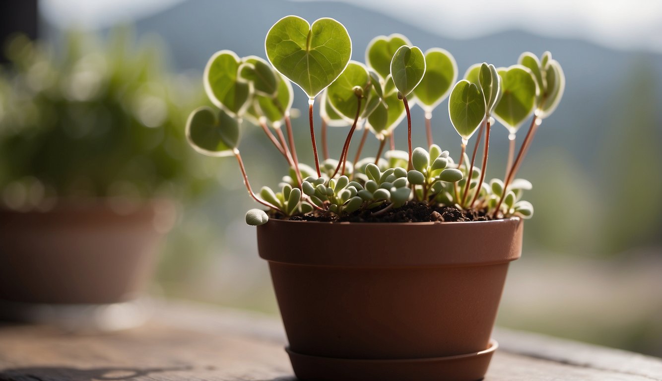 A healthy string of hearts plant sits in a small pot, with several long, trailing stems extending outwards.

Small nodes along the stems indicate potential areas for propagation