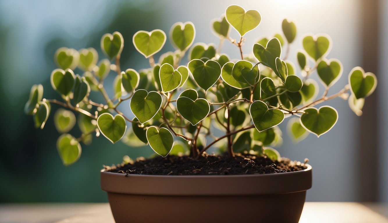 A trailing string of hearts plant sits in a small pot, with delicate vines cascading over the edges.

Several small nodes along the vines indicate potential growth points. The background is simple and unobtrusive, allowing the focus to remain on the plant