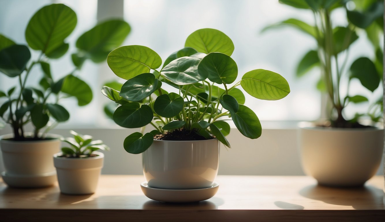 A Chinese money plant sits in a bright, airy room.

It is potted in a simple, modern container, surrounded by other lush green plants. The plant is healthy and thriving, with round, coin-shaped leaves