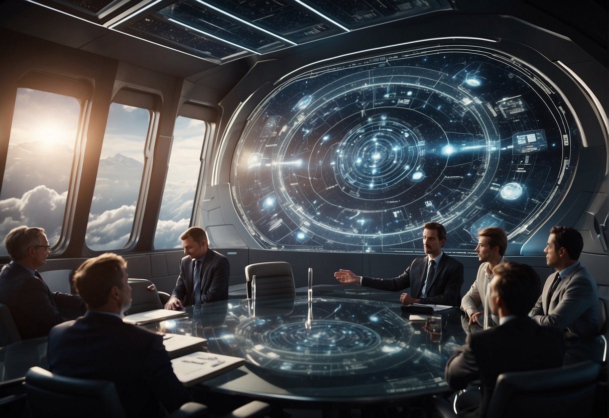 A group of engineers and scientists gather around a futuristic spacecraft design, discussing plans and exchanging ideas. Charts and diagrams cover the walls, depicting the intricate details of interstellar travel