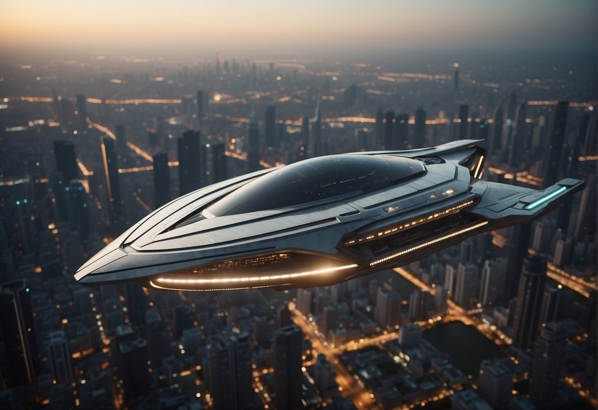 A futuristic spacecraft hovers above a bustling city, symbolizing progress and innovation for future generations. The sleek design and advanced technology hint at the potential for interstellar travel