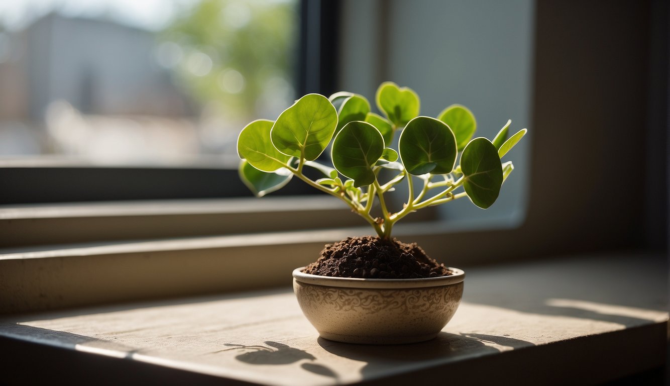 A Chinese Money Plant sits on a sunny windowsill, surrounded by well-draining soil and receiving indirect light.

Its round, coin-like leaves are vibrant green and unfurling, while new shoots emerge from the base