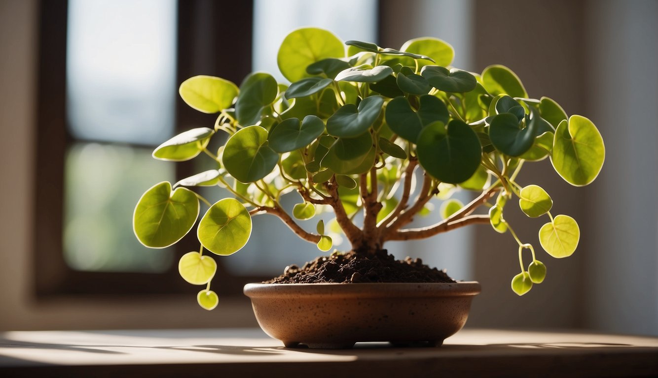 A vibrant Chinese Money Plant thrives in a sunlit room, surrounded by well-draining soil and receiving regular water.

It is pruned and rotated to ensure even growth