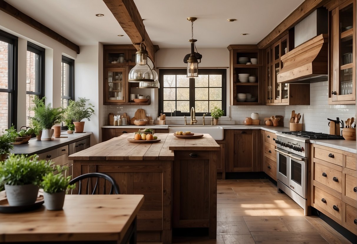 A spacious, open-plan bungalow kitchen with rustic wooden cabinets, a farmhouse sink, and a large central island with a butcher block countertop