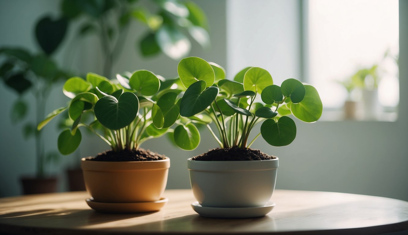 A healthy Chinese Money Plant sits in a bright, well-lit room.

Its round, coin-like leaves are vibrant green and perfectly symmetrical.

The soil is moist but not waterlogged, and there are no signs of wilting or yellowing