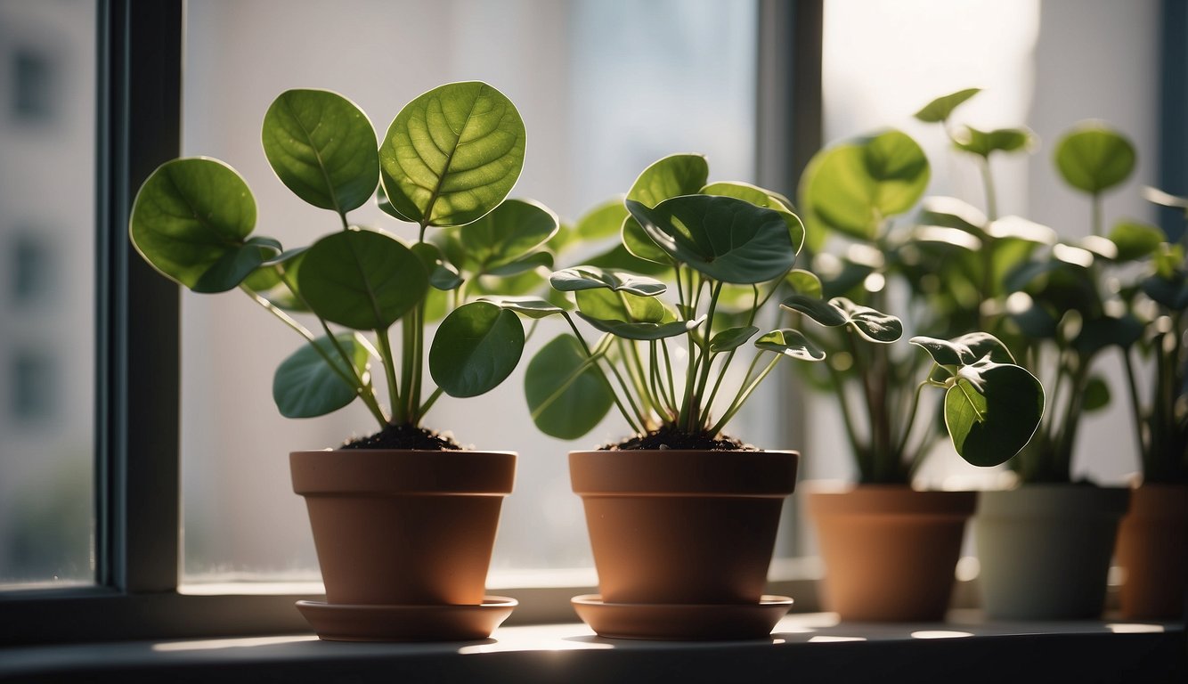 A Chinese money plant sits on a sunny windowsill, surrounded by other potted plants.

It is well-watered and thriving, with its round, coin-like leaves and delicate stems