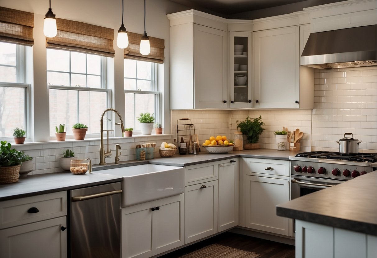 A cozy bungalow kitchen with white shaker cabinets, subway tile backsplash, farmhouse sink, and vintage-inspired light fixtures