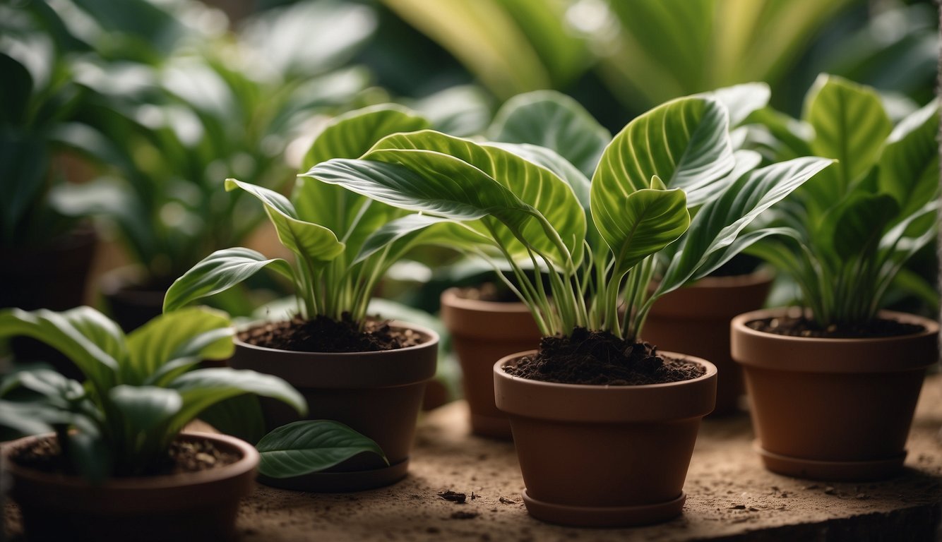 A mature Calathea Lancifolia plant is being divided into smaller sections.

Each section is carefully cut and placed into individual pots with moist soil