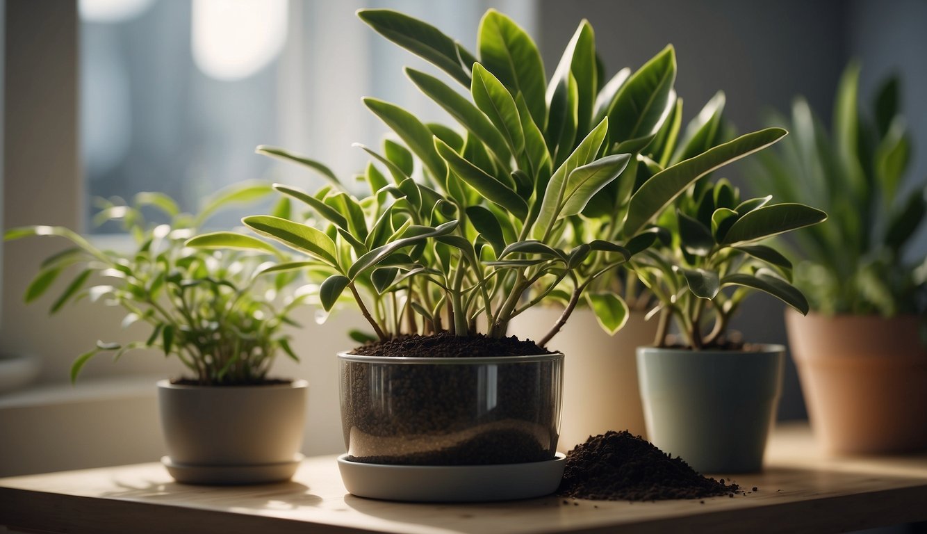 A healthy ZZ plant sits in a bright, well-lit room.

A small cutting with healthy roots is being carefully placed into a pot of fresh soil