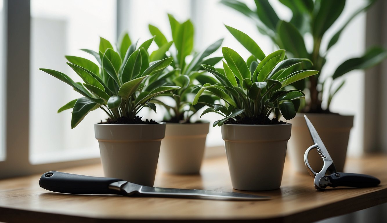 A mature ZZ plant with healthy, glossy green foliage sits in a bright, airy room.

A small pot of soil, pruning shears, and a clean, sharp knife are laid out on a clean, flat surface nearby