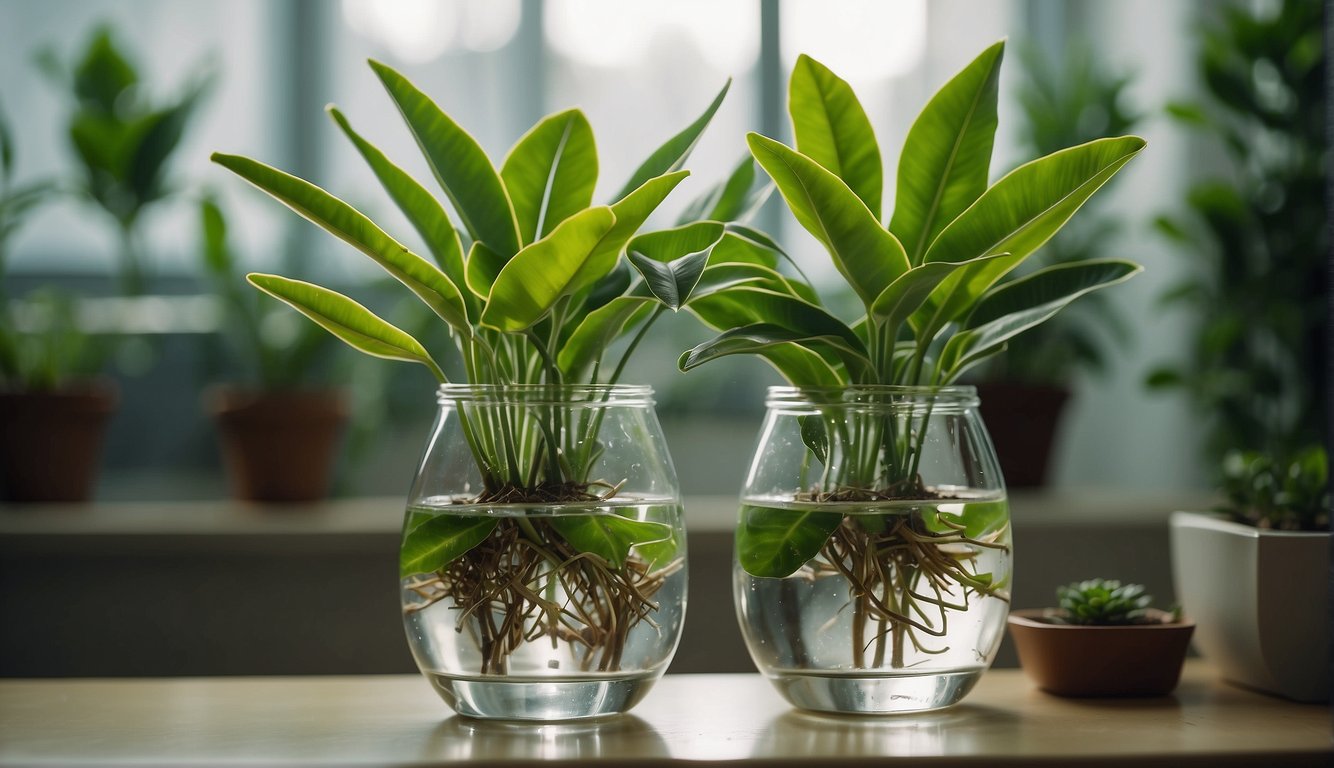A pair of healthy ZZ plant stems sit in a clear glass of water, with small roots beginning to form at the base of each stem.

The room is filled with natural light, and the plants are surrounded by other potted greenery