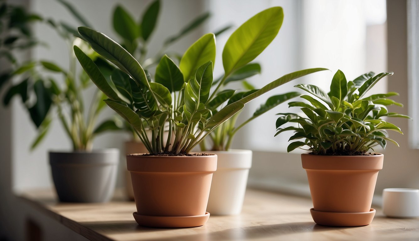 A mature ZZ plant sits in a bright, airy room with a few smaller plants nearby.

A pair of gardening gloves and a small pot of soil are positioned next to the plant