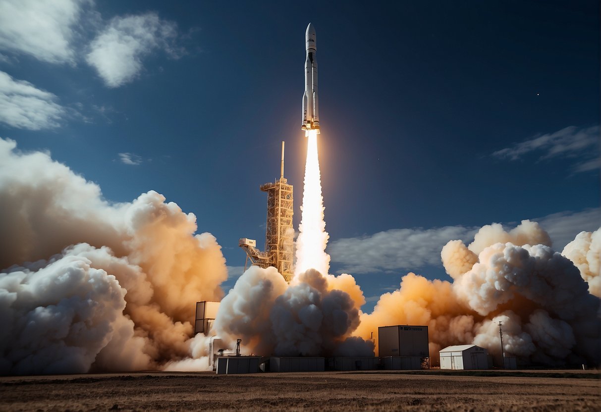 A rocket lifts off, deploying nanosatellites into space. The Earth looms in the background, highlighting the role of these small satellites in modern space exploration