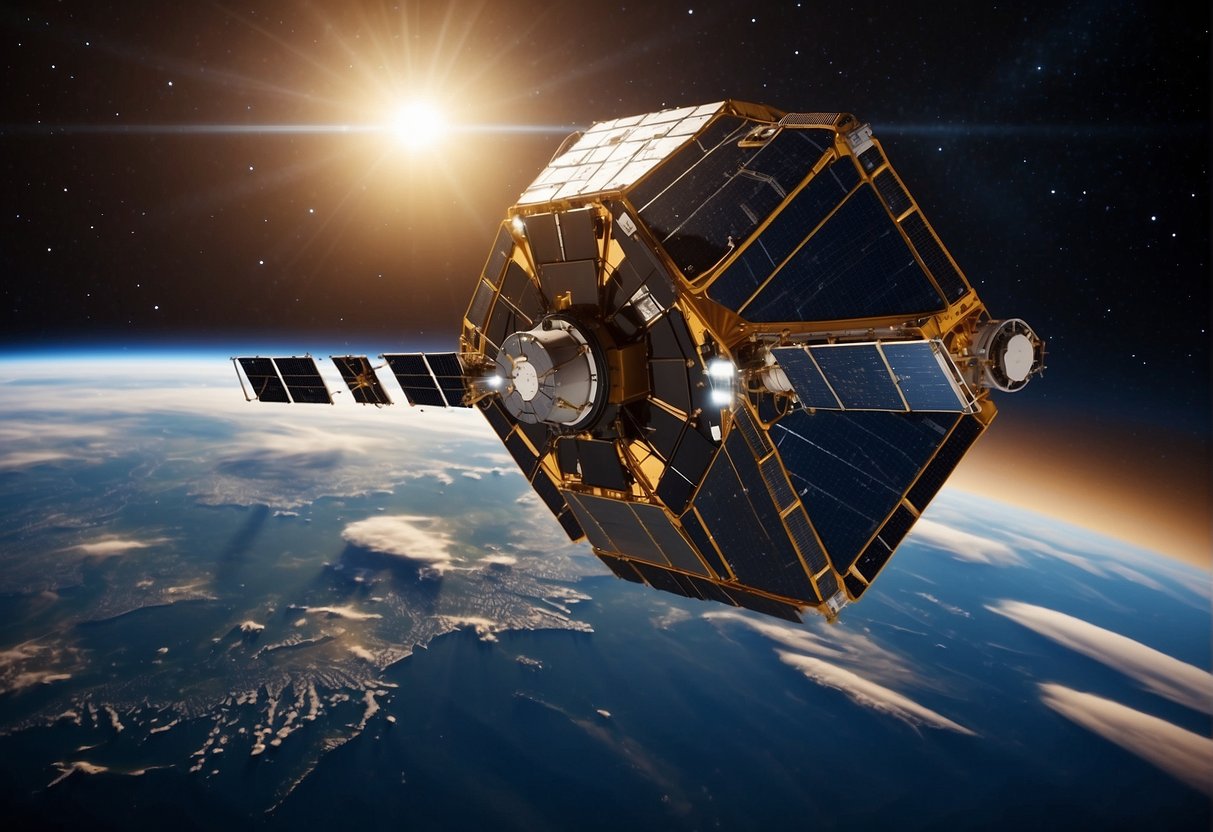 A nanosatellite orbits Earth, equipped with advanced technology for space exploration. It communicates with ground stations and collects data on atmospheric conditions