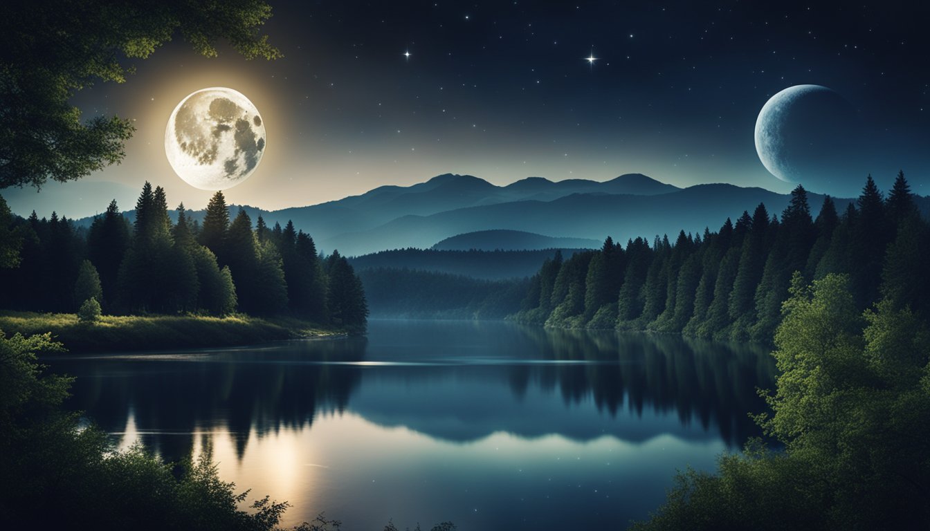 A serene night sky with a full moon shining down on a tranquil forest, with a river flowing peacefully through the landscape
