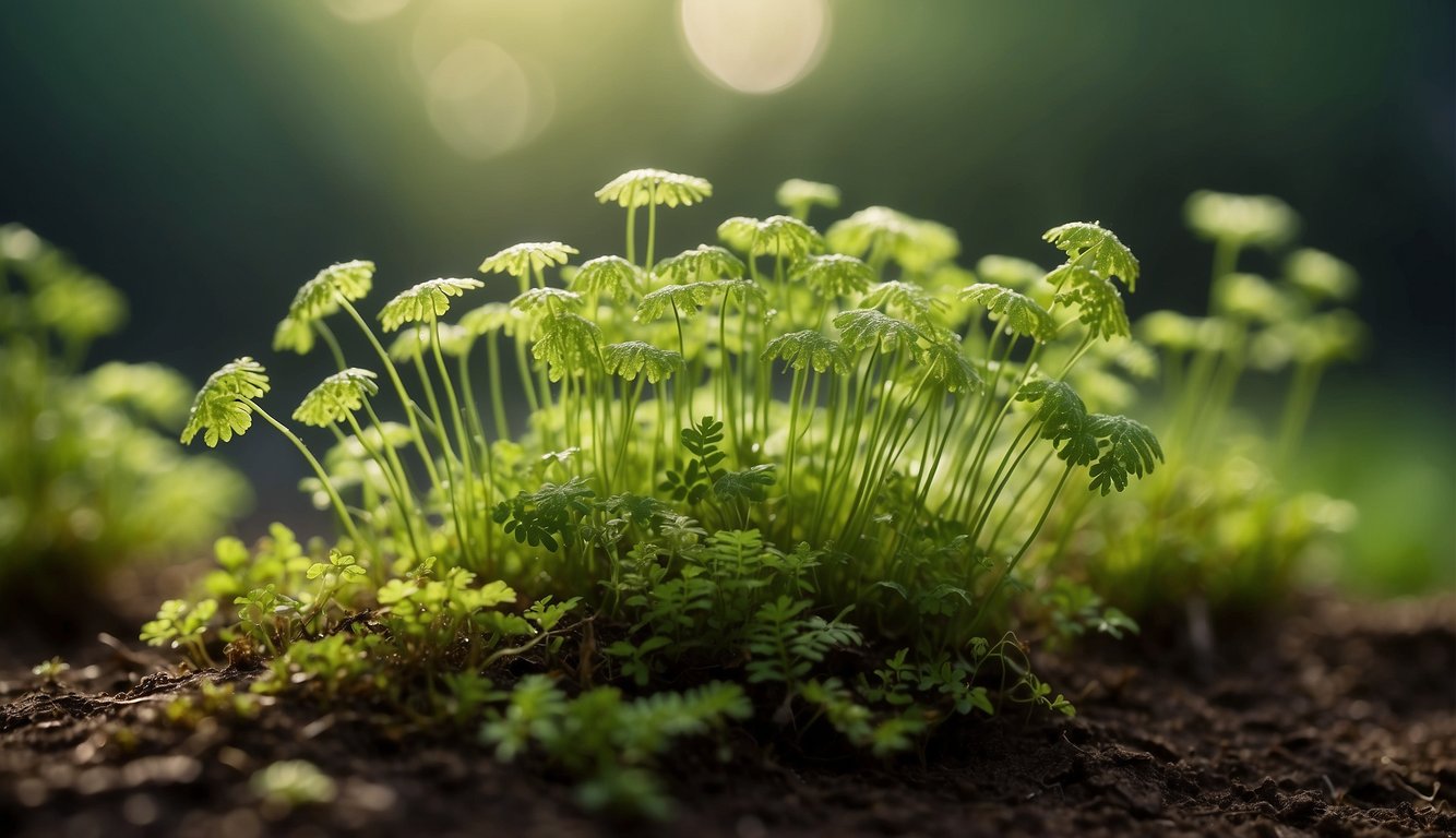A cluster of maidenhair fern spores settle on moist soil, sprouting delicate fronds reaching towards the light