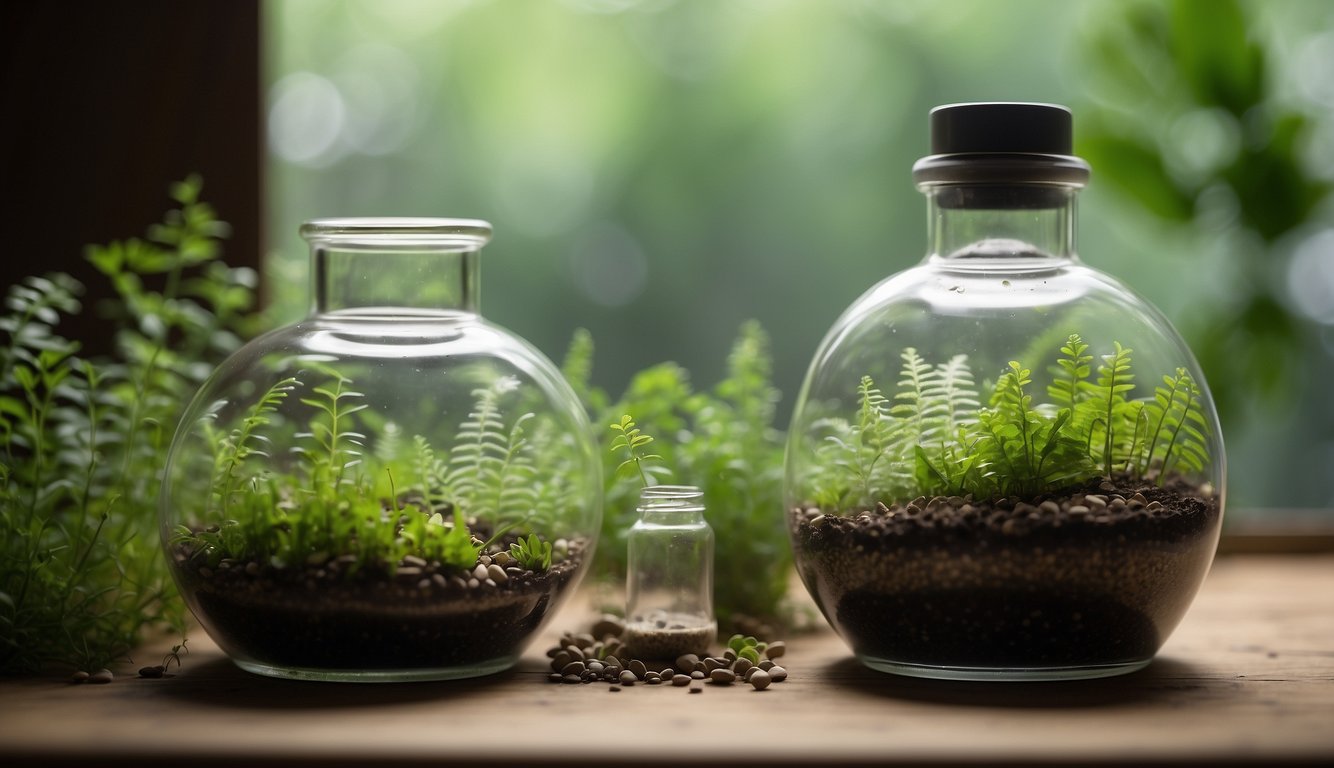 A glass terrarium filled with moist soil, small spore-covered fronds of maidenhair fern, and a misting bottle nearby