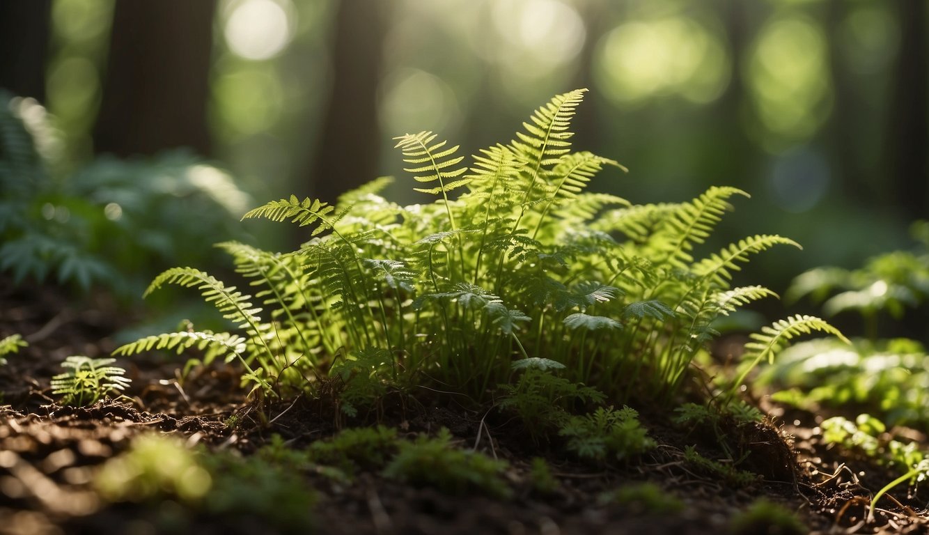 A cluster of maidenhair fern spores are scattered across moist soil, surrounded by delicate fronds and dappled sunlight