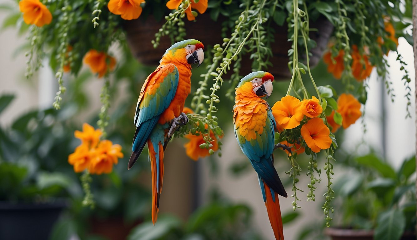 A vibrant Parrot's Beak plant dangles from a hanging basket, with long, delicate stems cascading down and small, bright orange flowers peeking out from the green foliage