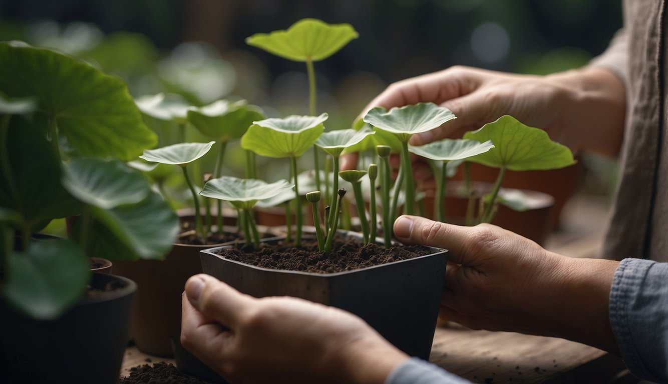 A pair of hands carefully cut a healthy stem from a Lotus Berthelotii plant.

The stem is then placed in a small pot of moist soil, where it will soon take root and begin to grow
