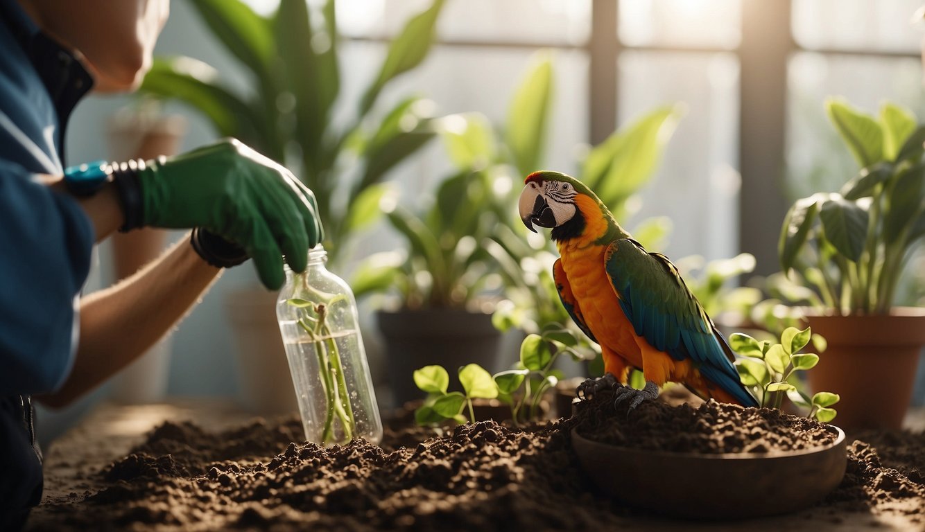 A hand gently places Parrot's Beak cuttings into soil.

A misting bottle sprays water onto the newly planted cuttings. Sunlight filters through a window onto the plants