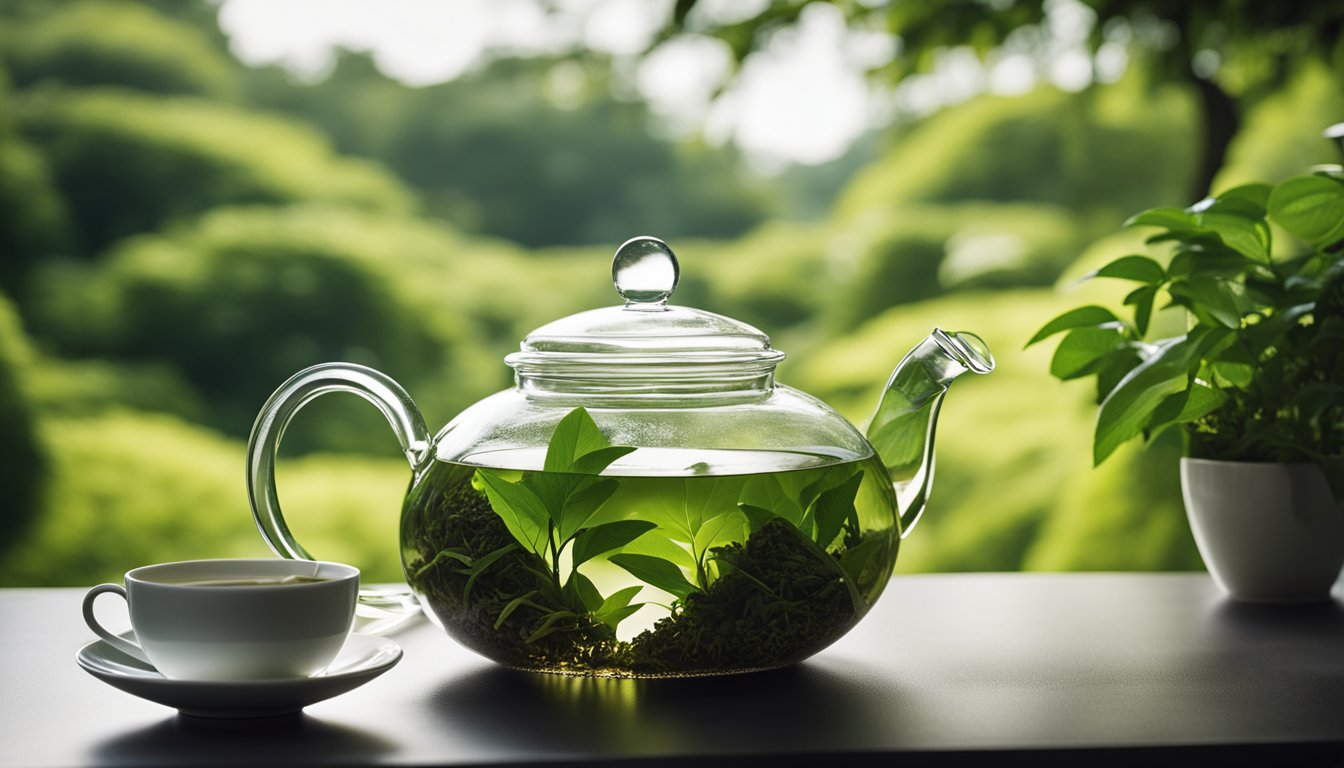 A serene garden with a teapot, cup, and lush green tea leaves, surrounded by peaceful nature