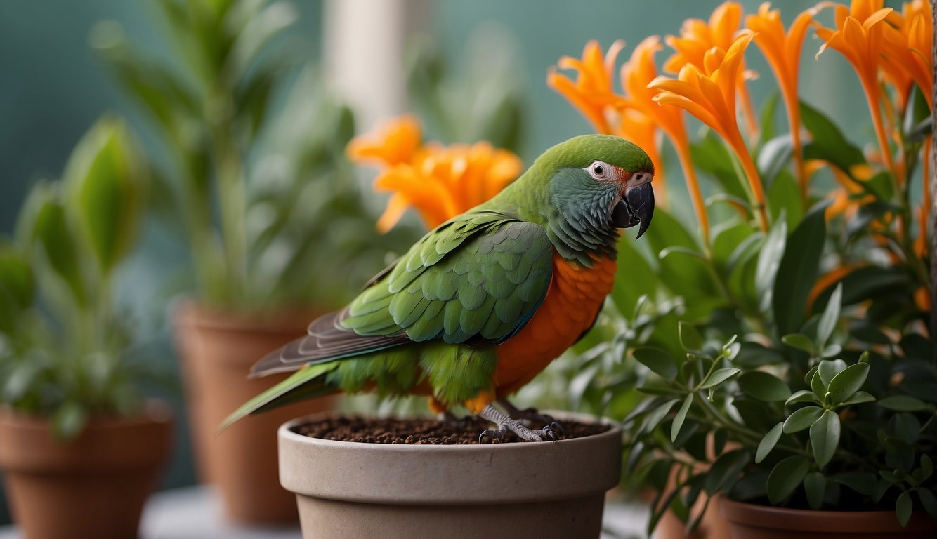 A small parrot's beak plant sits in a pot, with delicate tendrils cascading over the edges.

Bright green leaves and small orange flowers add a pop of color to the scene