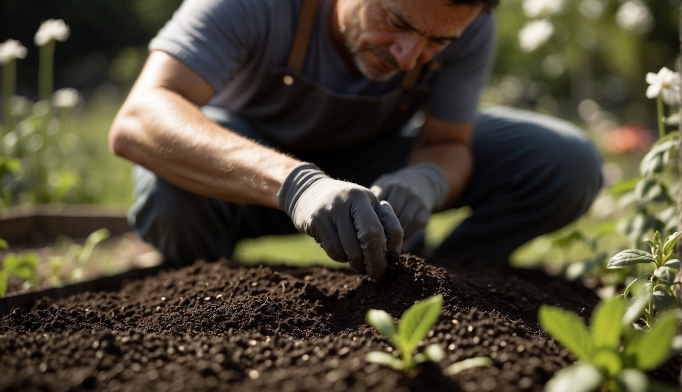 A gardener carefully plants black bat flower seeds in rich soil under dappled sunlight, ensuring proper moisture for propagation