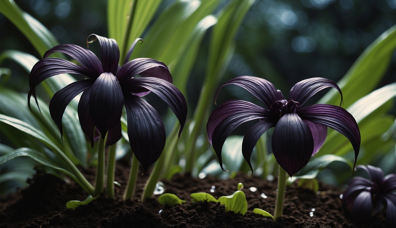 A close-up of a Tacca Chantrieri plant with dark purple, bat-shaped flowers.

A gardener carefully collects seeds from the flower and prepares them for propagation