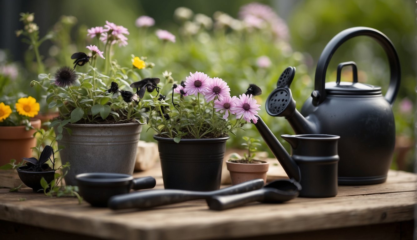 A garden table with pots of Black Bat Flowers in various stages of growth, surrounded by gardening tools and a watering can