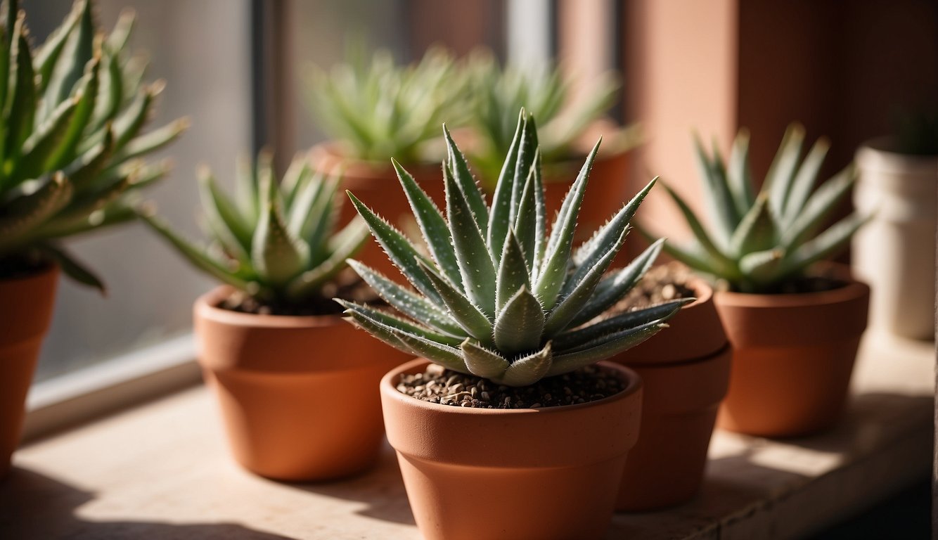 A spiral aloe plant sits in a terracotta pot on a sunny windowsill.

Small offsets are carefully removed and placed in separate pots, ready to grow into new plants