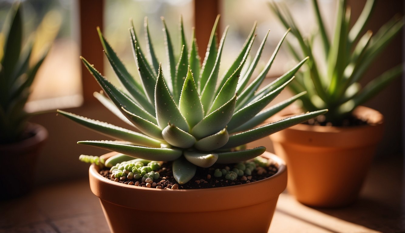 A spiral aloe plant sits in a terracotta pot, surrounded by small succulents.

Sunlight filters through a nearby window, casting a warm glow on the vibrant green leaves