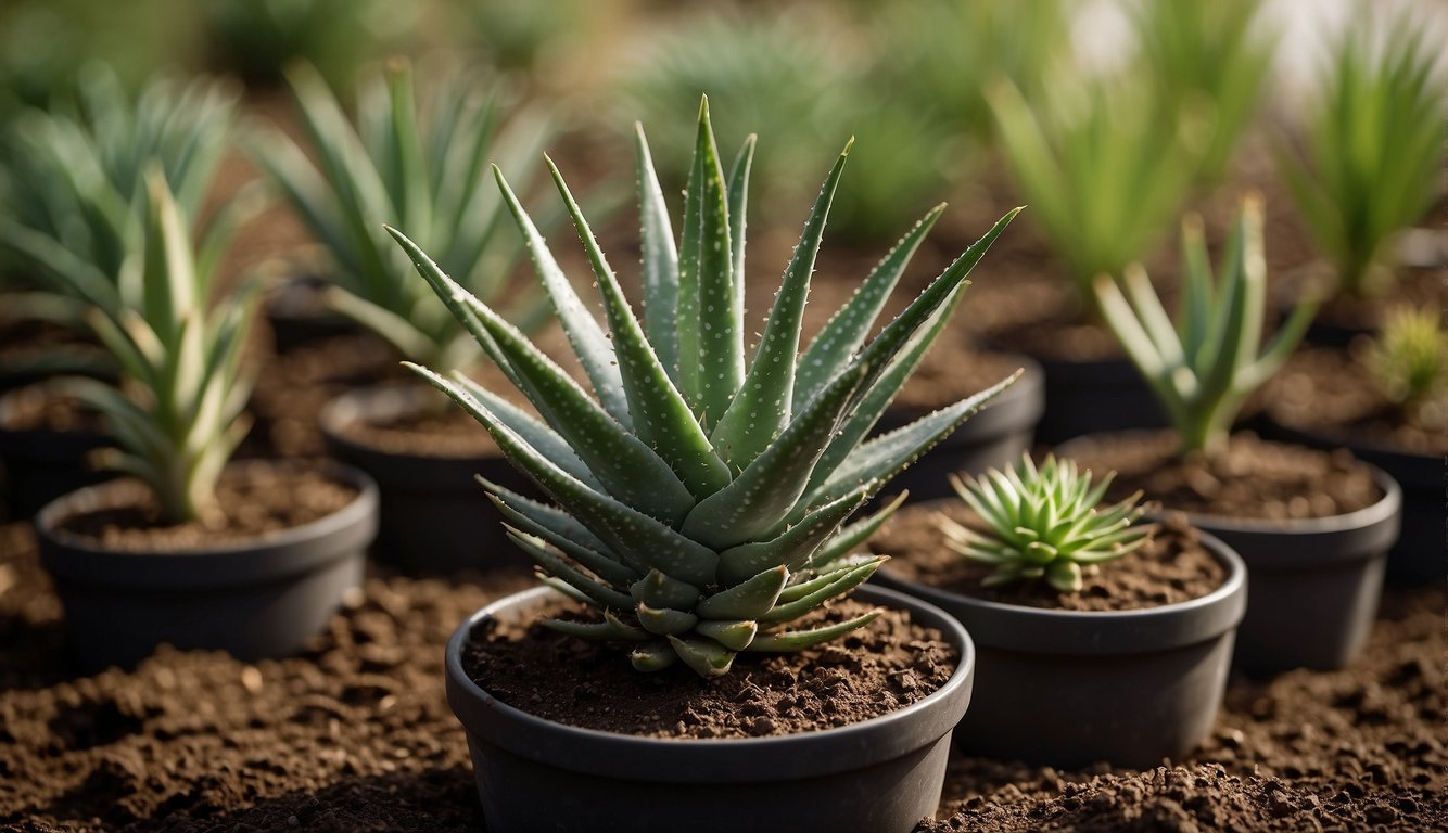 A mature spiral aloe plant sits in a pot.

A hand carefully removes offsets from the main plant, placing them in separate containers filled with well-draining soil