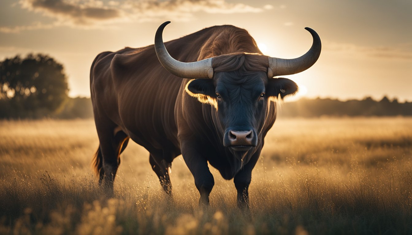 A bull with powerful horns stands in a grassy field, its muscles taut and eyes focused. The sun highlights its sleek, muscular form