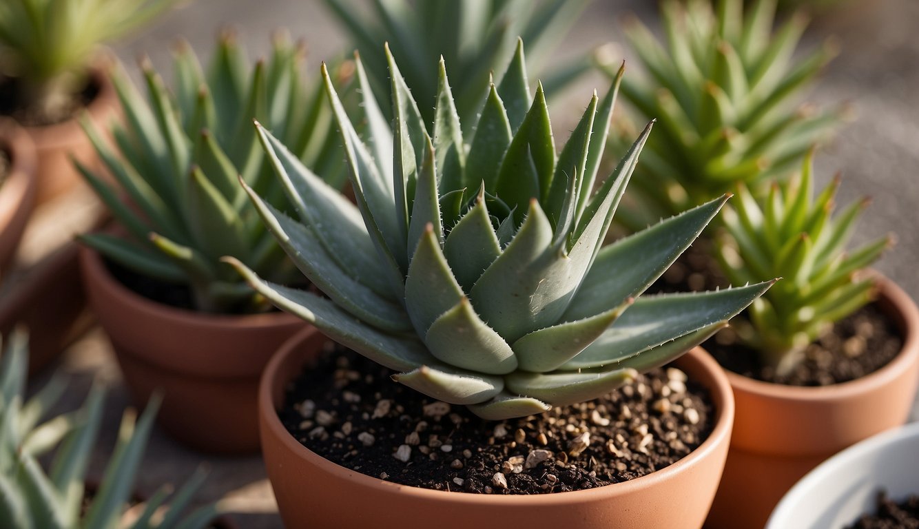 A spiral aloe sits in a small pot, surrounded by a few smaller aloe pups.

A pair of gardening scissors and a small container of rooting hormone are nearby