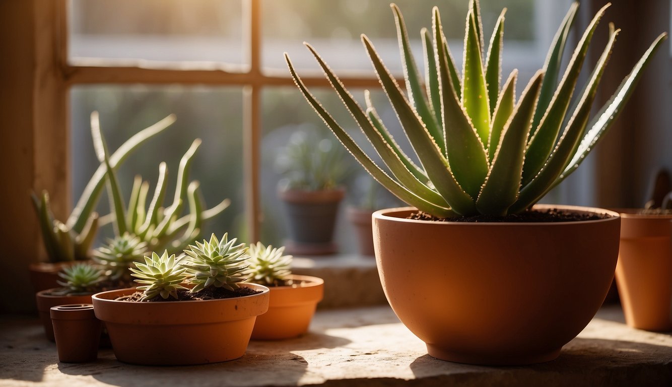 A spiral aloe plant sits in a terracotta pot, surrounded by a collection of gardening tools and a well-worn propagation guide.

Sunlight streams through a nearby window, casting a warm glow over the scene