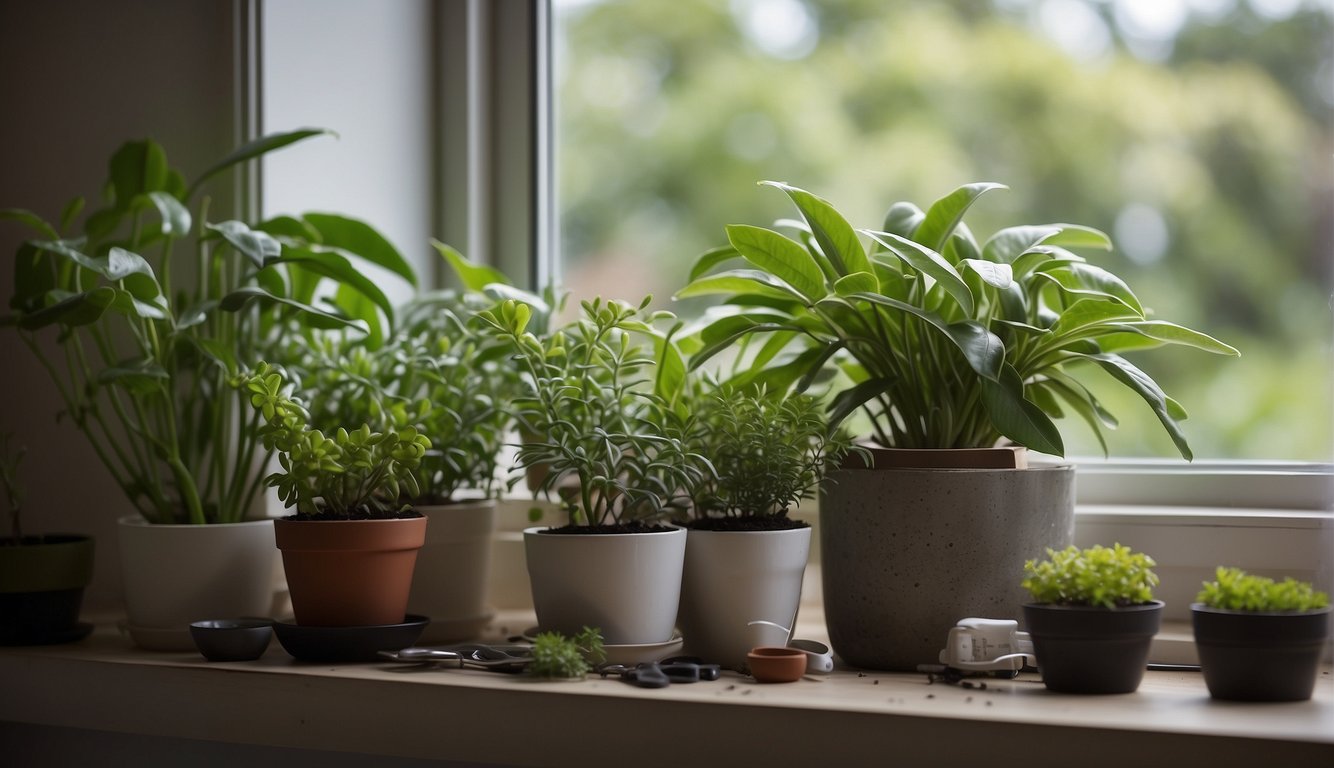 A lush Ludisia Discolor plant sits on a bright windowsill, surrounded by small pots of soil and leaf cuttings.

A misting spray bottle and a pair of gardening scissors are nearby