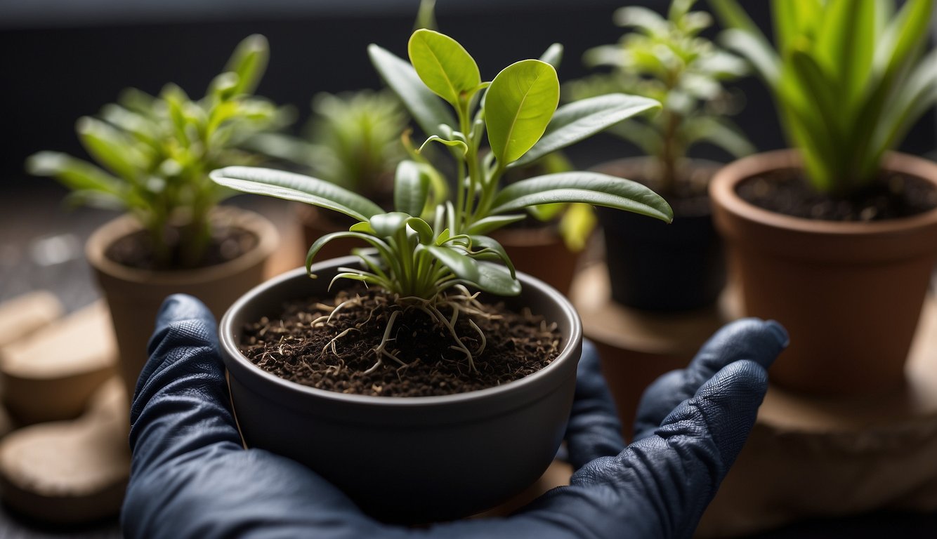 A hand holding a small pot with a jewel orchid cutting, surrounded by various propagation tools and materials such as soil, water, and a propagation tray