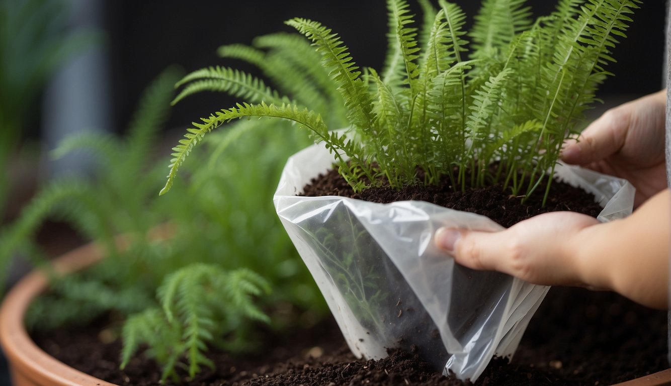 A foxtail fern cutting is placed in a pot of moist soil, with a plastic bag covering it to create a humid environment.

Roots start to form at the cut end of the stem