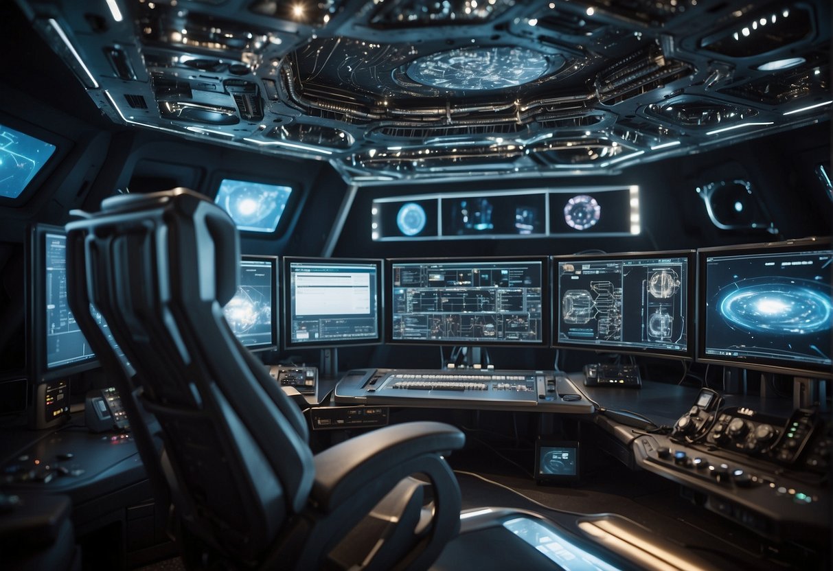 An intricate network of electrical power systems and spacecraft fuel storage and management components in a high-tech, zero-gravity environment